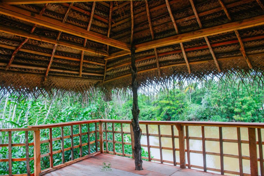 Inside the thatched hut looking over the water