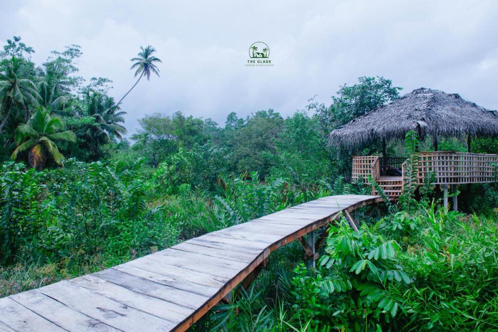 Boardwalk through jungle to thatched hut